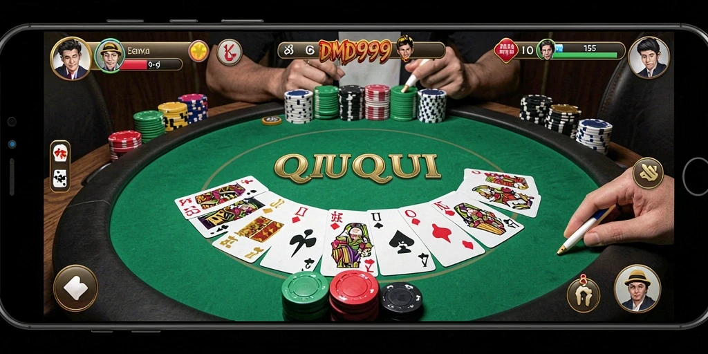 Tangkapan layar gameplay DMD999 yang menampilkan aksi seru permainan QiuQiu.