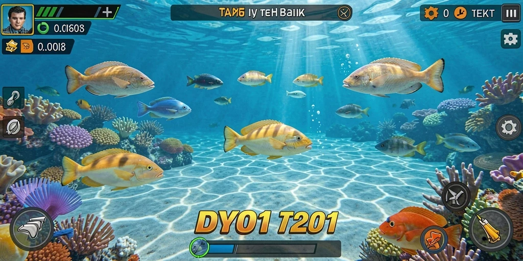 Tangkapan layar gameplay DY01 dengan ikan berwarna-warni yang sedang ditembak.