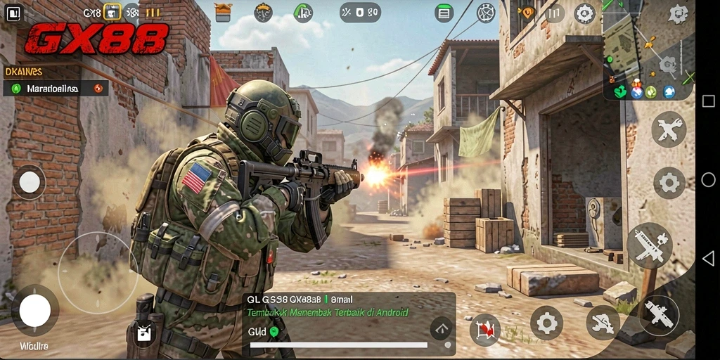 Screenshot gameplay GX88 dengan aksi tembak menembak yang intens.
