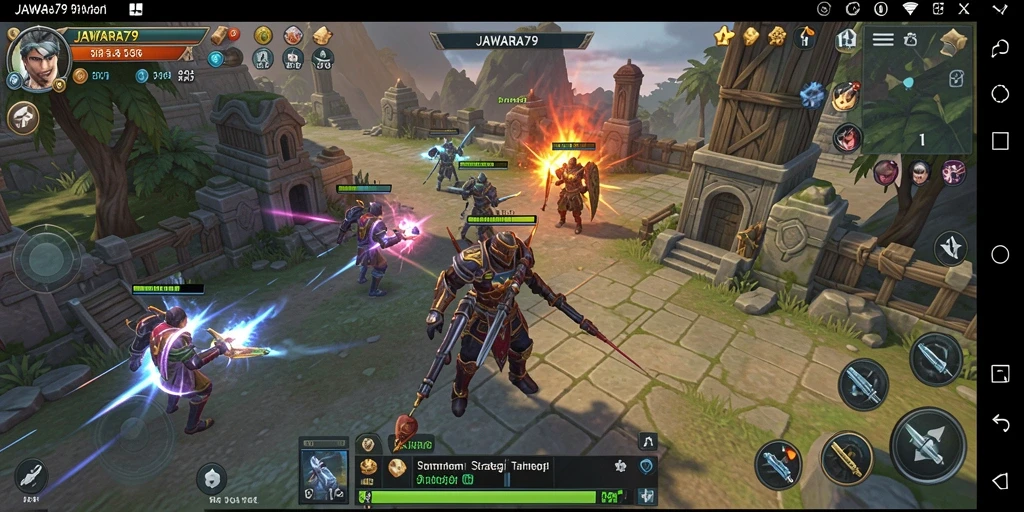 Screenshot utama gameplay menampilkan pertempuran strategis yang seru.