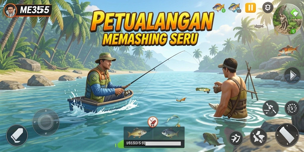 Screenshot menampilkan aksi gameplay memancing yang seru di ME355.