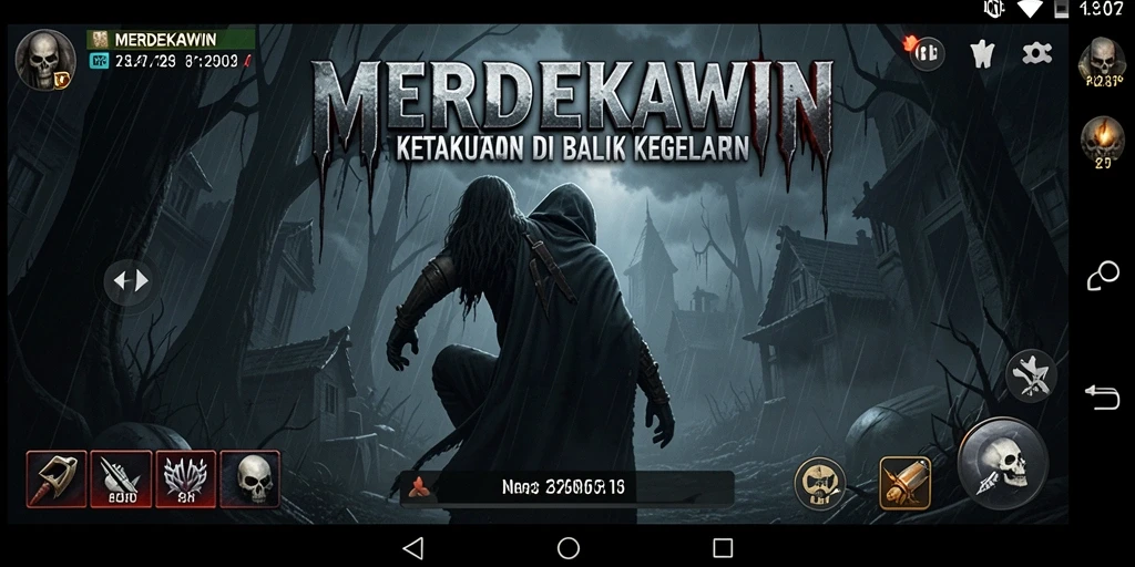 Screenshot gameplay MERDEKAWIN menampilkan suasana menakutkan dan penuh ketegangan.