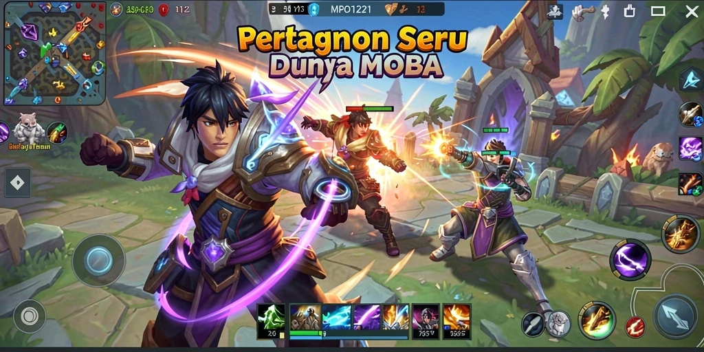 Tampilan gameplay seru MPO1221 dalam pertempuran MOBA.