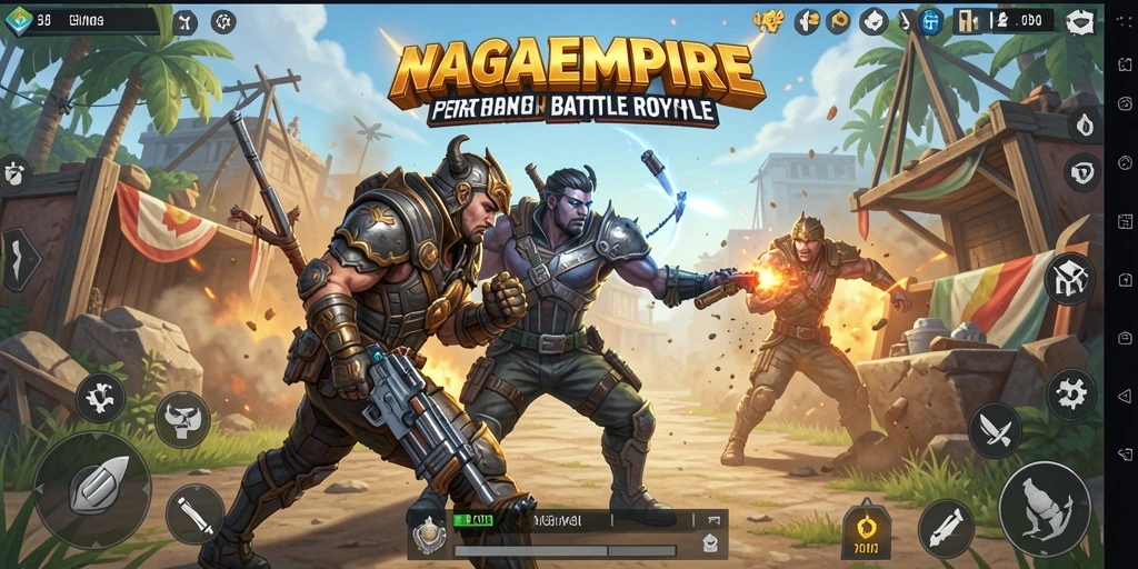 Tangkapan layar NAGAEMPIRE menampilkan aksi seru dalam pertempuran Battle Royale.
