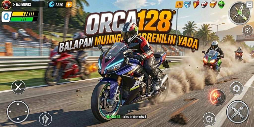 Screenshot gameplay ORCA128 dengan aksi balapan motor yang intens.