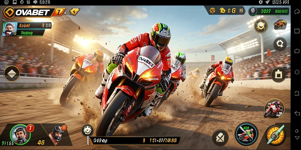 Screenshot gameplay OVABET menunjukkan aksi balapan motor yang mendebarkan.
