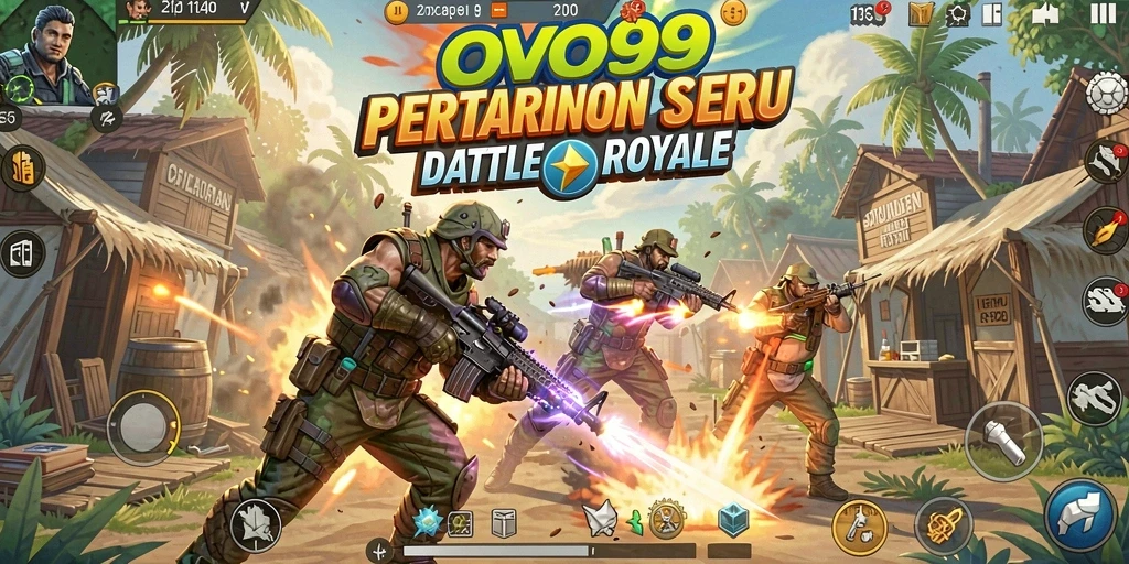 Screenshot gameplay seru di OVO99 menampilkan pertempuran intens di arena Battle Royale.