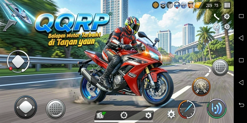 Tangkapan layar menunjukkan aksi balapan motor yang mendebarkan dari QQRP.