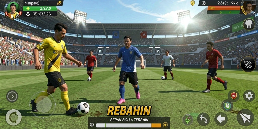 Tangkapan layar menunjukkan aksi seru pertandingan sepak bola di REBAHIN.