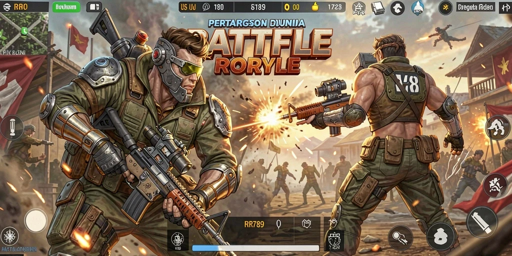 Screenshot gameplay RR789 yang menunjukkan aksi pertarungan Battle Royale yang intens.
