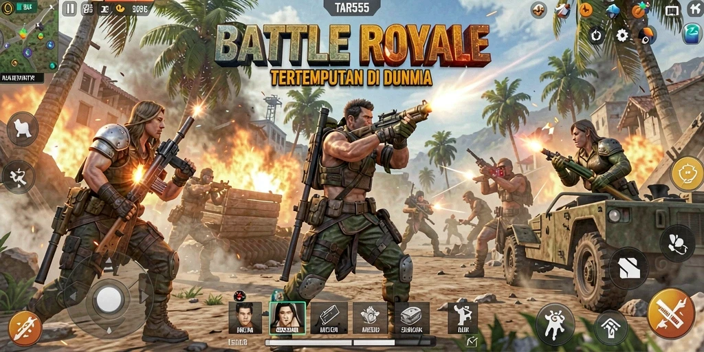 Screenshot dari TAR555 menampilkan aksi mendebarkan di medan perang Battle Royale.