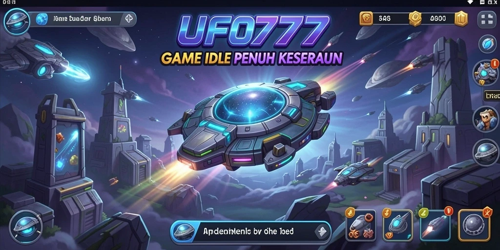 Screenshot utama menampilkan UFO yang mengumpulkan sumber daya di planet alien.