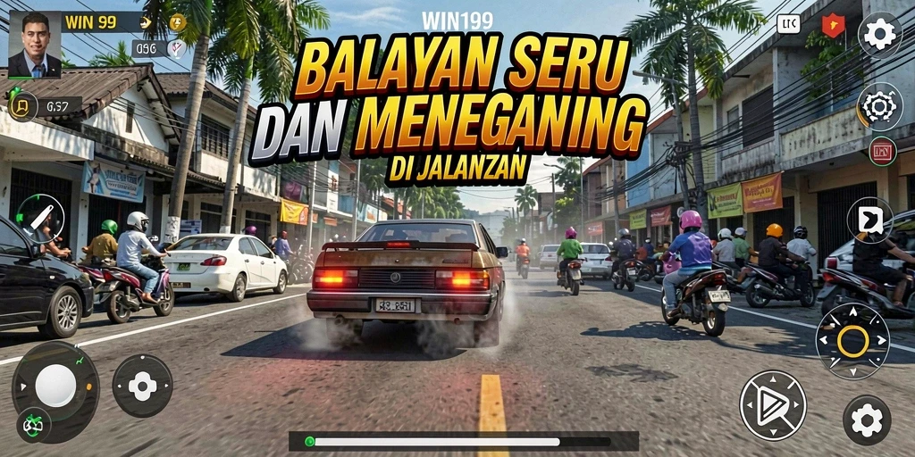 Screenshot gameplay WIN199 dengan mobil balap yang cepat di trek menantang.